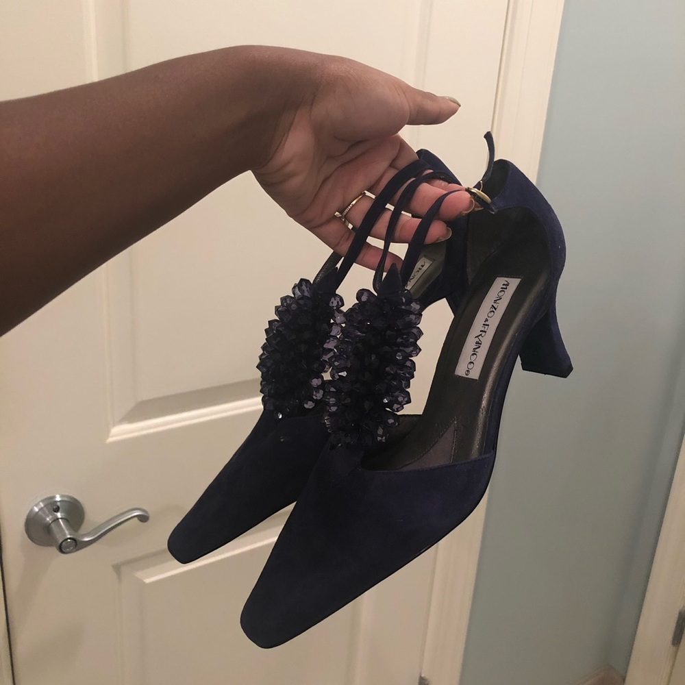 Purple Suede statement heels with beaded detail